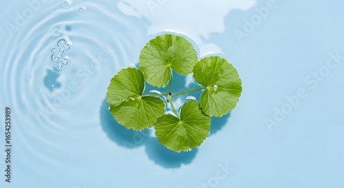 Top view of fresh Centella Asiatica leaves floating on a clear blue water surface with ripples. Natural herbal ingredient for clean beauty and skincare.