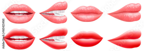 Set of sexy juicy lips in vibrant color isolated on white background. Perfect for beauty, makeup, and fashion concepts. Woman's kiss, a smile. Glossy or matte color. 3D realistic vector illustration.