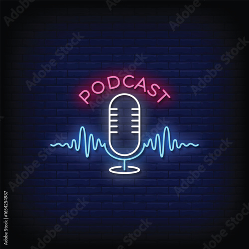 podcast neon sign with brick wall background vector