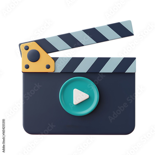 Play button on a 3D rendered movie clapperboard.  Filmmaking, video production, cinema.