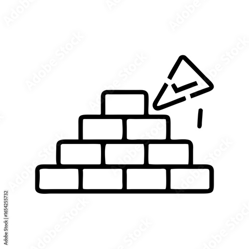 Line icon of bricks being laid with a trowel, representing wall construction, bricklaying, and masonry work.
