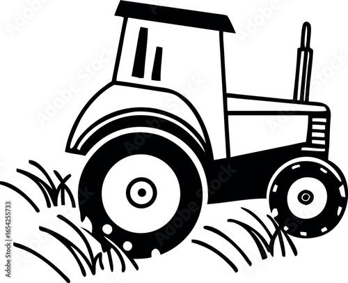 Vector art of black and white illustration of a tractor working in a grassy field