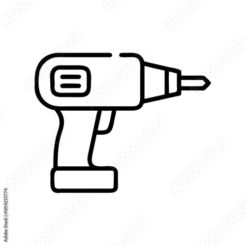 Outline icon of a cordless power screwdriver, used in construction, installation, and DIY assembly projects.
