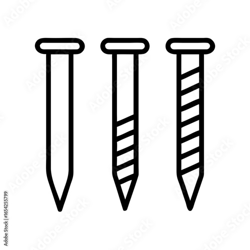 Simple outline icon of three construction nails, representing fasteners used in woodwork and structural assembly.
