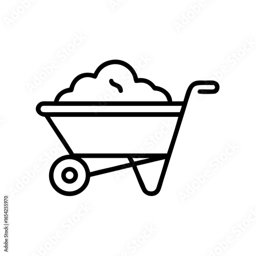 Outline icon of a wheelbarrow loaded with soil or material, symbolizing manual transport on construction or landscaping jobs.
