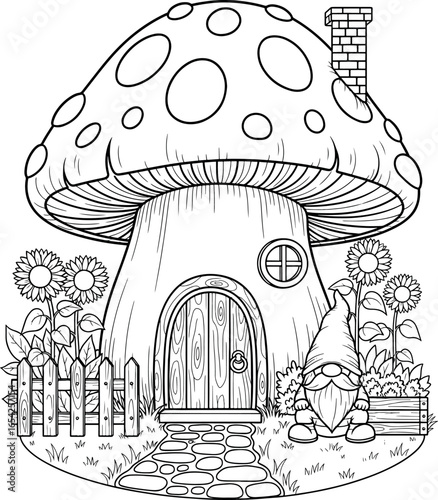 Mushroom House Coloring Page Vector Illustration.