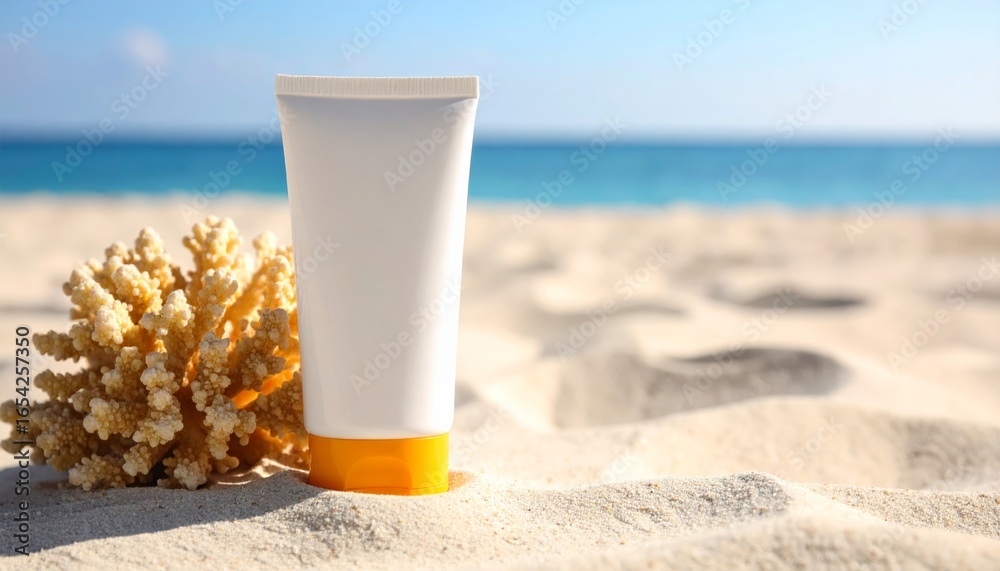 Fresh juice and an isolated white bottle of sunscreen on the sand near the sea Fresh juice and an isolated white bottle of sunscreen on the sand near the sea
