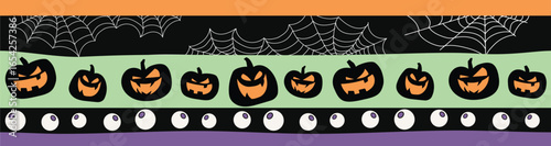 Creepy Halloween Border with Pumpkins, Spider Webs and Spooky Eyes Pattern