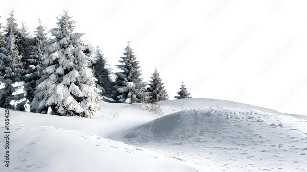 Obraz premium snowy landscape featuring snow-covered pine trees and gentle hills isolated on white background