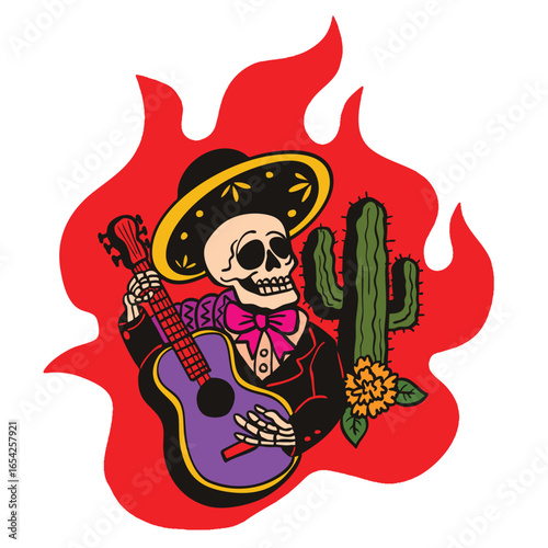 Slika na platnu Day of the Dead, Mariachi Skeleton, mexican tradition.