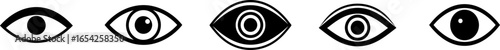 A series of stylized eye illustrations in black and white, showcasing various designs and shapes.