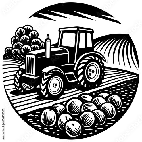 Black and white illustration of a tractor harvesting potatoes in a field farm agriculture 1