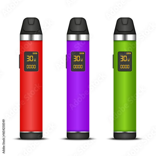 Set of colorful electronic cigarette or vape with digital display screens vector 3d model product mockup isolated on white background, portable smoking devices vaping technology, nicotine alternative.