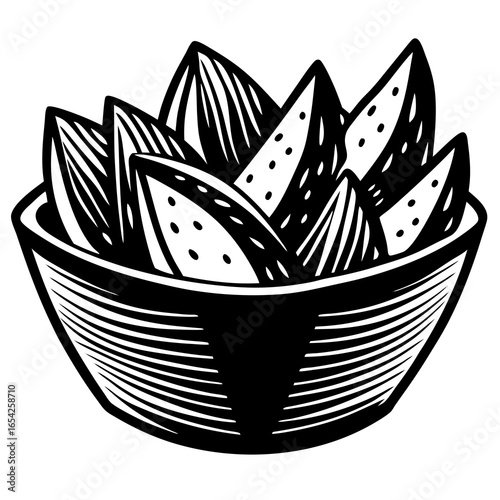 Black and white illustration of potato wedges in a bowl food