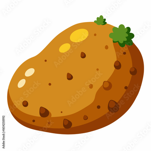 Cartoon potato with green sprouts and soil specks on white background vegetable food