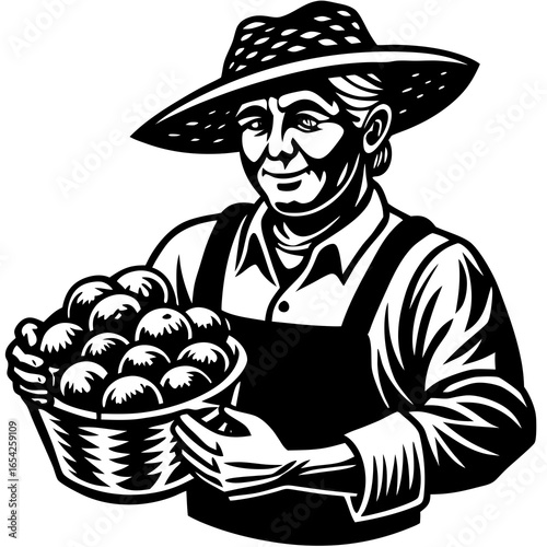 Farmer wearing a straw hat and overalls holding a basket of potatoes agriculture harvest