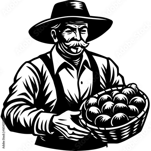 Farmer wearing a hat and overalls holding a basket of potatoes male agriculture