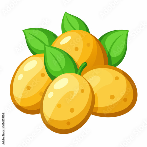 Five yellow baby potatoes with green leaves illustration yellow potato illustration