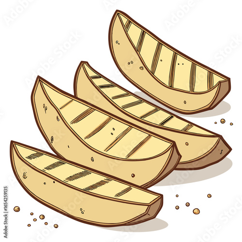 Four golden brown potato wedges with grill marks arranged in a row on a white background food baked potato