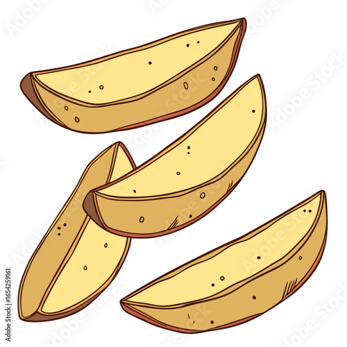 Four golden potato wedges with brown outlines on a white background food french fries