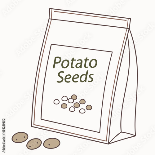 Hand drawn illustration of a potato seeds packet with loose potato seeds on a white background agriculture