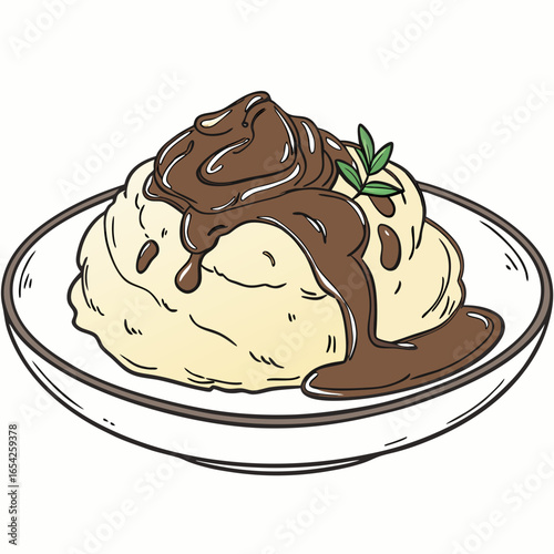 Hand drawn illustration of mashed potatoes with gravy and a sprig of rosemary on a white plate food dish