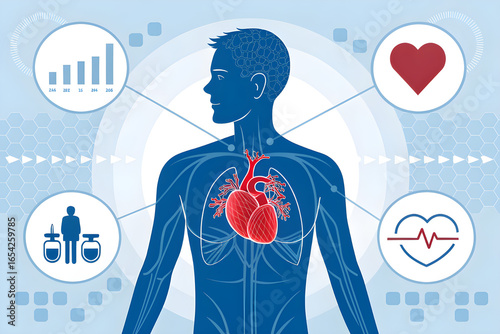 Medical Infographic Illustration of Male Chest with Highlighted Red Heart – Healthcare and Heart Health Concept
