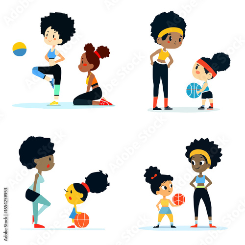 The school, Oldskool style, a set of icons, contains figures of a physical education teacher plus a student, a physical education lesson, headings and chops for a children's web design. Editable line 