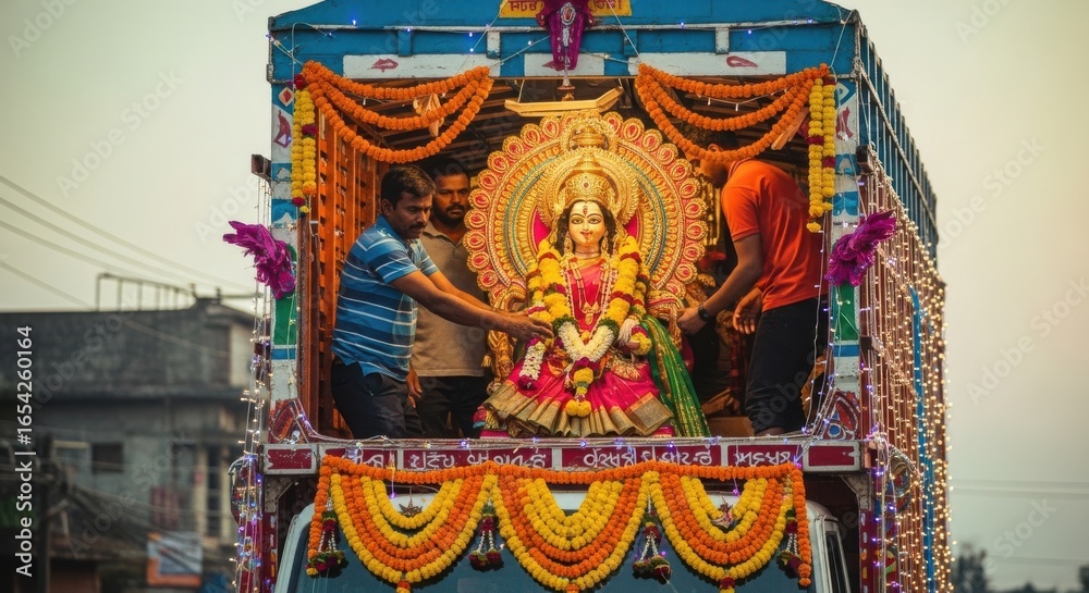 Obraz premium Devotees transport a deity statue in a decorated truck during a festival procession