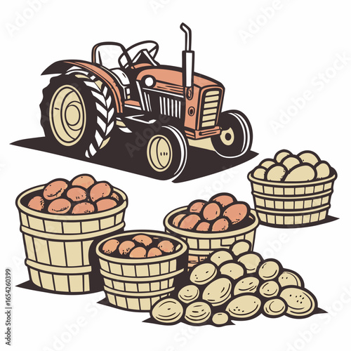 Orange tractor with baskets and piles of potatoes on a white background farm agriculture