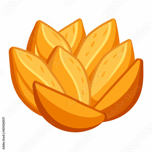 Pile of golden potato wedges with brown outlines on white background fried potatoes fast food