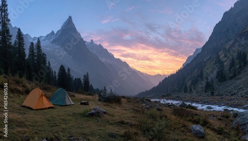 Mountain panorama at sunrise. Two tents nestled in a valley