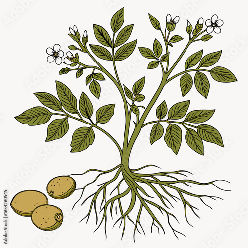 Potato plant with green leaves white flowers and tubers on a white background root system