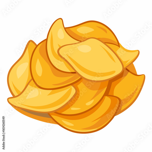Pile of golden potato chips crisps with brown outlines on white background snack junk food