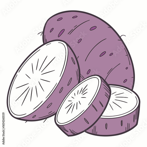 Purple potato whole and sliced with internal texture and root details on white background sweet potato