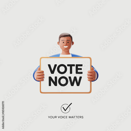 Cartoon Figure Holding Vote Now Sign Promoting Civic Engagement.