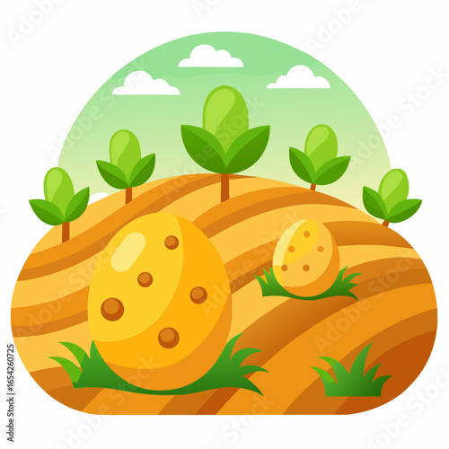 Stylized illustration of a potato field with large potatoes and green plants under a gradient sky with clouds
