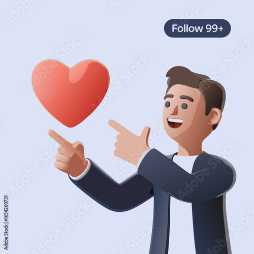 Cartoon Man Drawing a Heart with a Finger Social Media Follow Button.