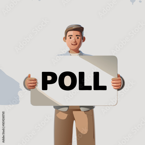 Cartoon Man Holding a Sign with the Word POLL in Black Letters.