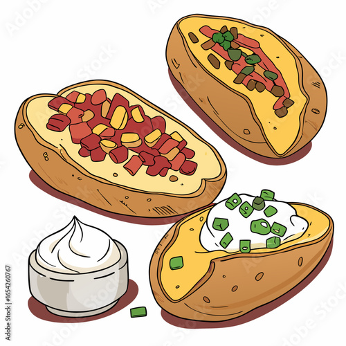 Three baked potato halves with various toppings and a bowl of sour cream potato skins chives