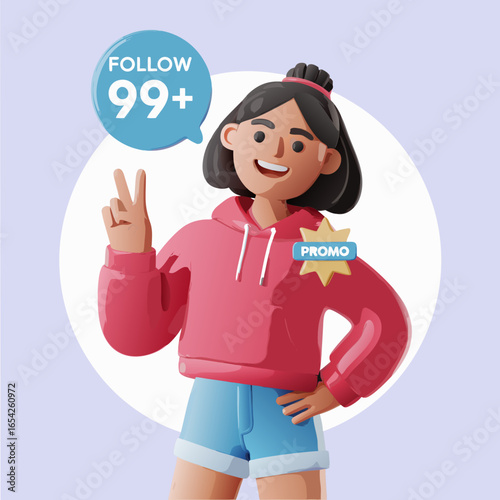 Cheerful illustrated girl in a red and white hoodie winking and making a peace sign.