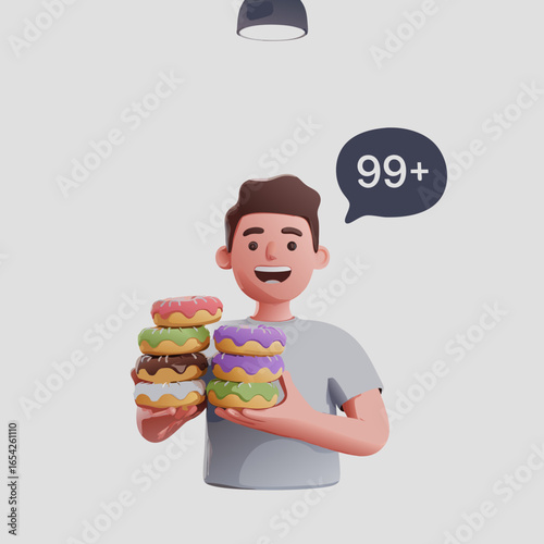 Cheerful Person Holding Stack of Colorful Frosted Doughnuts with 99 Notification.