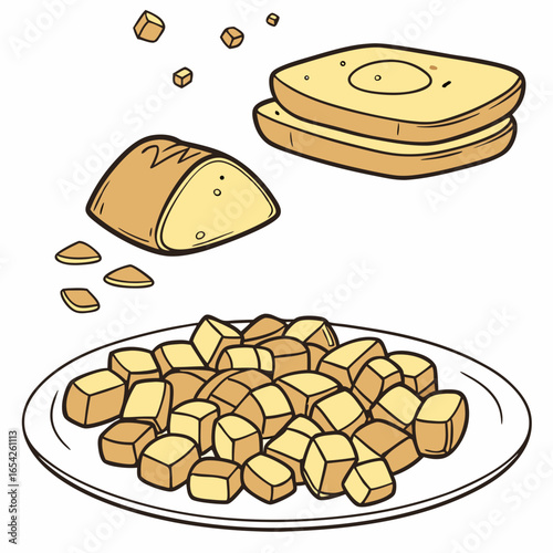 A plate of golden brown hash browns with two slices of toast and scattered potato cubes breakfast food