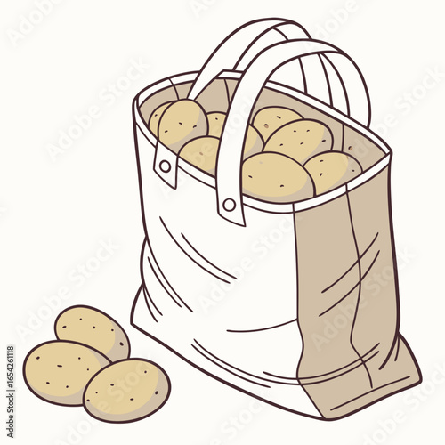 A tote bag filled with potatoes and a few loose potatoes on a white background produce