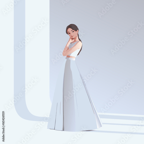Elegant young woman in a flowing light blue maxi skirt and top posing gracefully with a gentle smile.