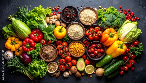 Colorful array of fresh produce and grains