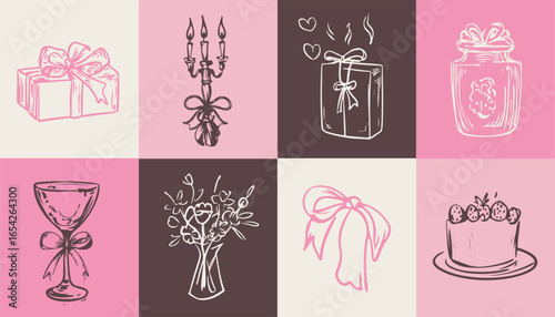 Love illustration set. Hand drawn ink romantic elements of groom,  cake, presents, champagne. Line art drawing in doodle sketch style. Elegant invitations for ceremony.