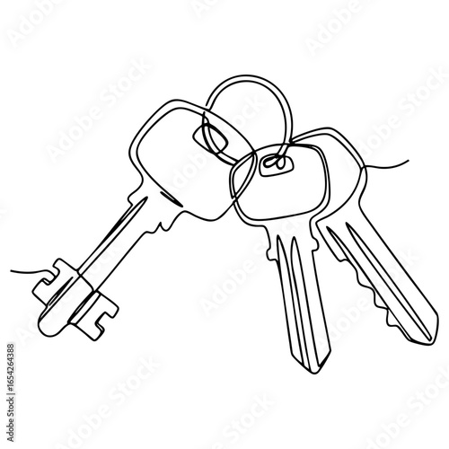 Vector line art illustration of keys on a keyring, minimalist single continuous line drawing of security and access symbol