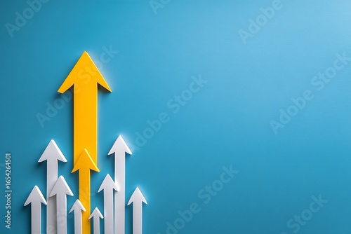Yellow arrow leads white arrows upward on blue background symbolizing growth