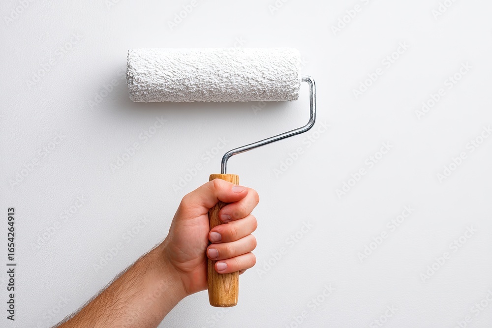Obraz premium Hand holding a paint roller over a white surface